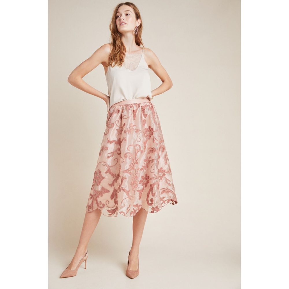 Anthropologie Pink Shannon Embroidered Midi Skirt